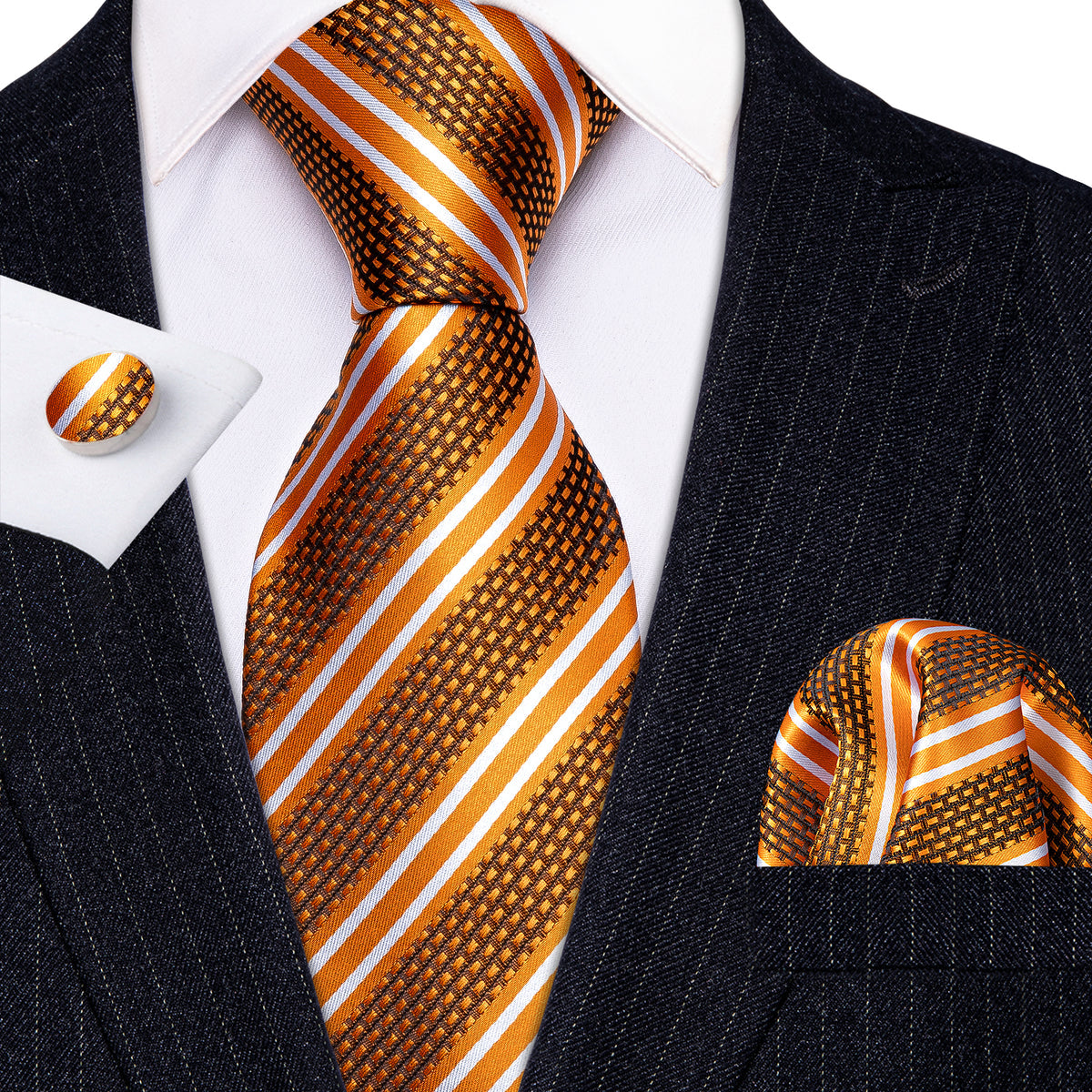 Men’s Silk Coordinated Tie Set - Orange Black Striped (5312)