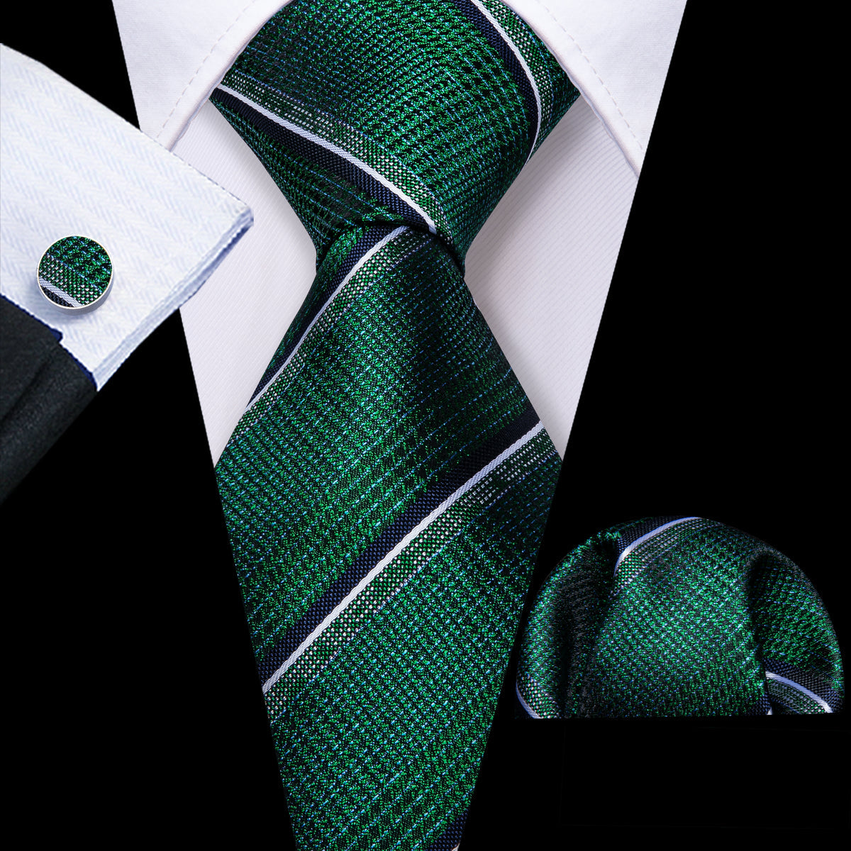 Men’s Silk Coordinated Tie Set - Green with Black White Stripe (5853)