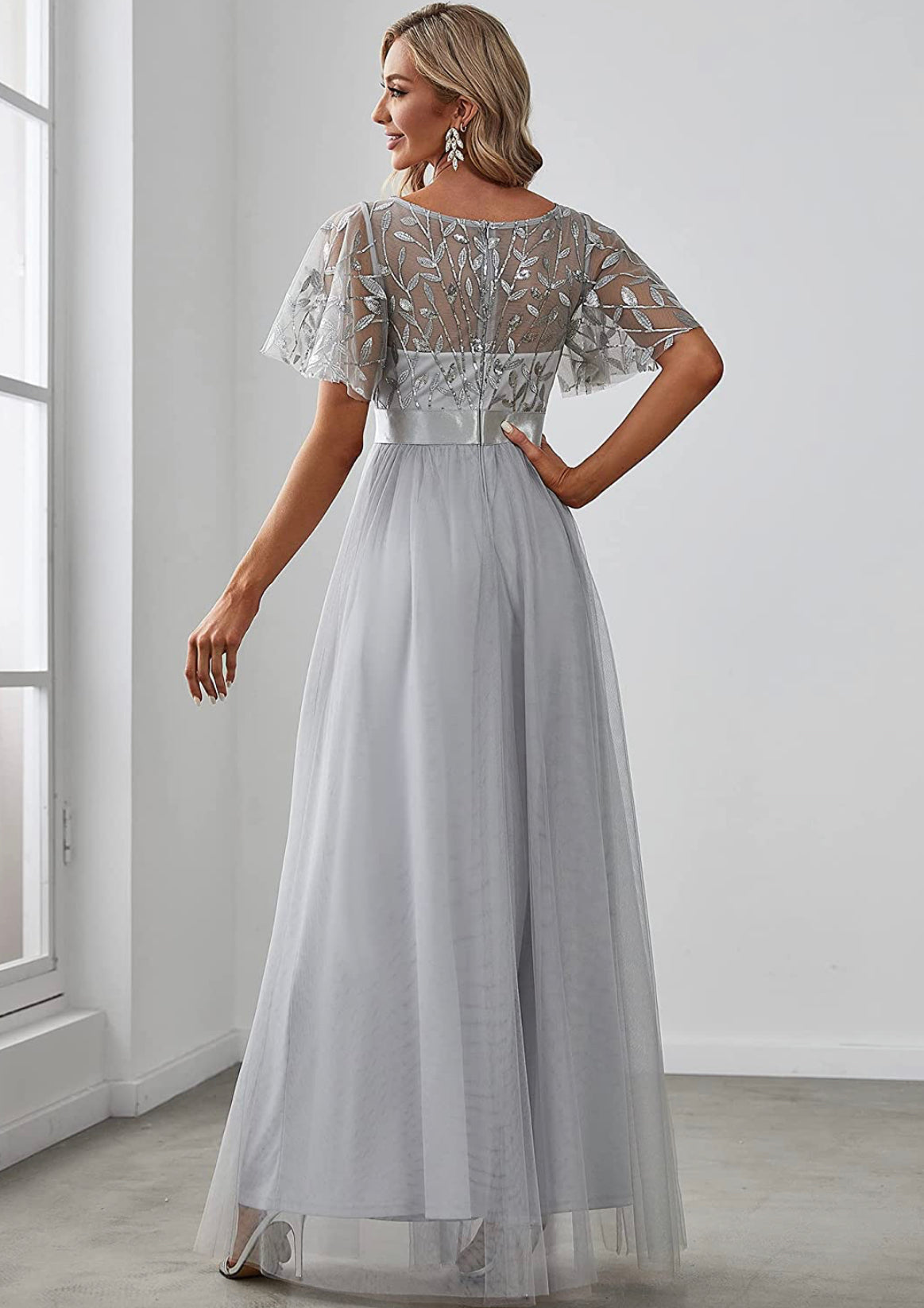 Empire Waist Embroidery Formal Dress (US Sizes 4 - 26) Gray