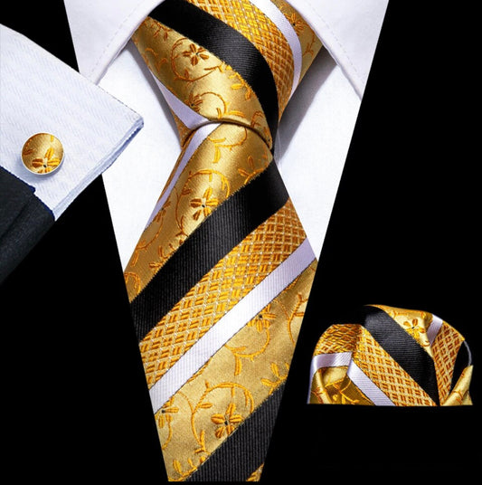 Men’s Silk Coordinated Tie Set - Gold Black Striped (6389)