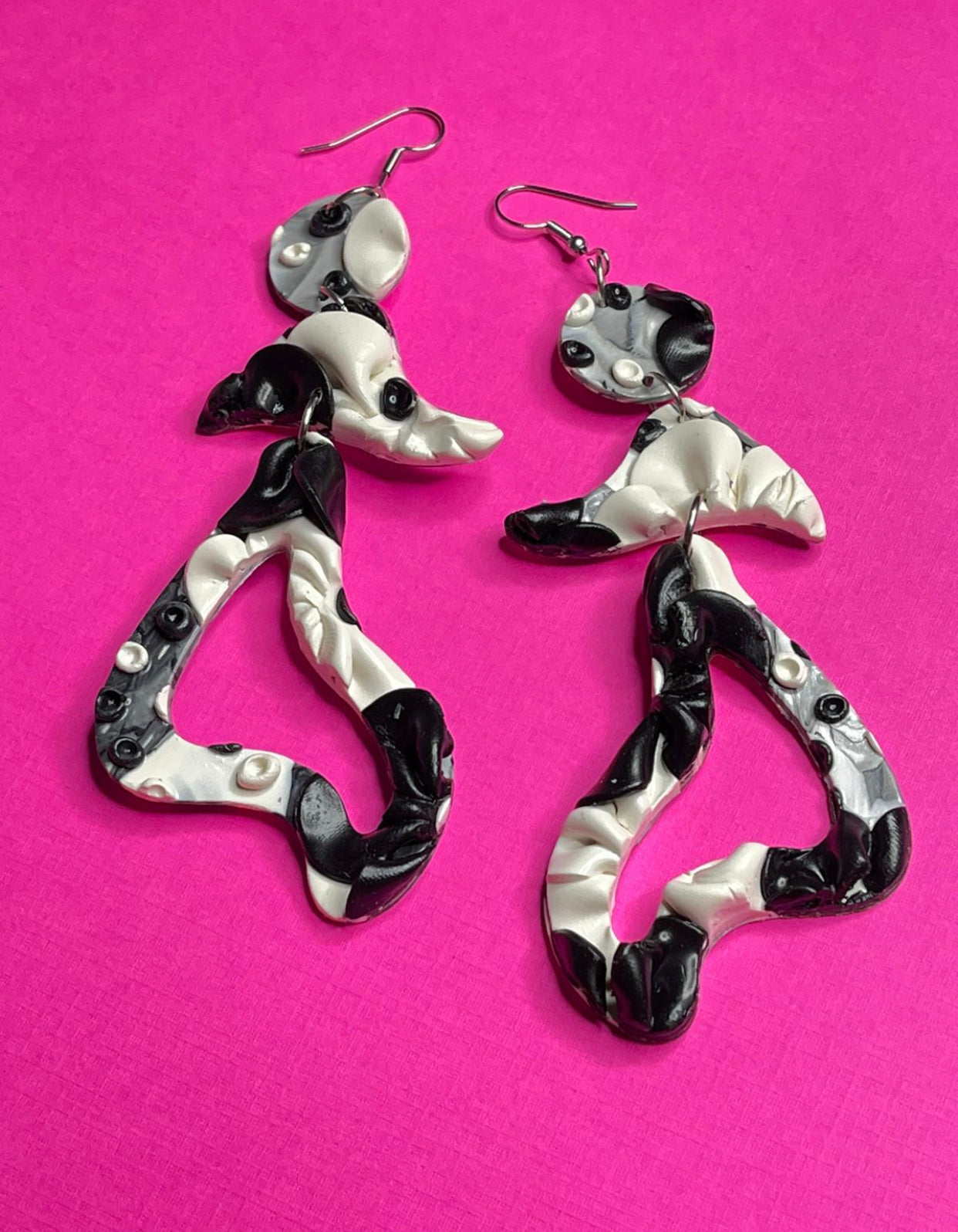 Hand Made Bubble Flower Salsa Lady Black and White Dangle Earrings