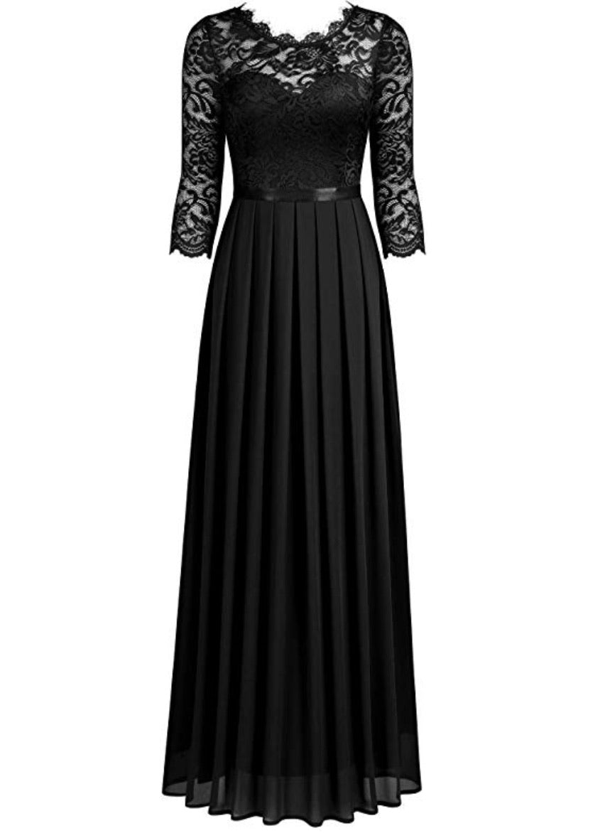 Long Black Lace Patterned Dress, Sizes Small - 2XLarge (US 4 - 18)