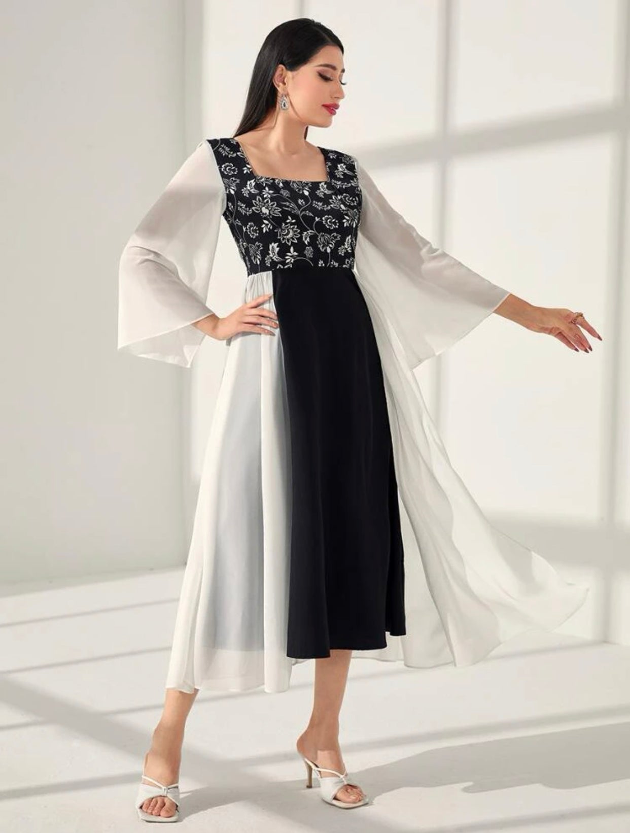 Asymmetrical Embroidered Trumpet Sleeve Dress