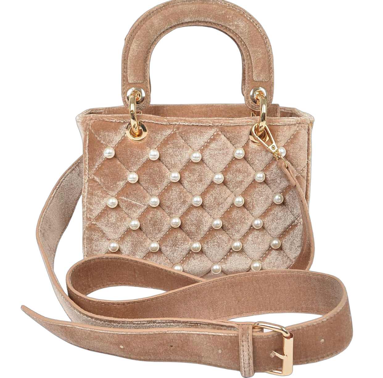 Quilted Velvet Crossbody Bag with Pearl