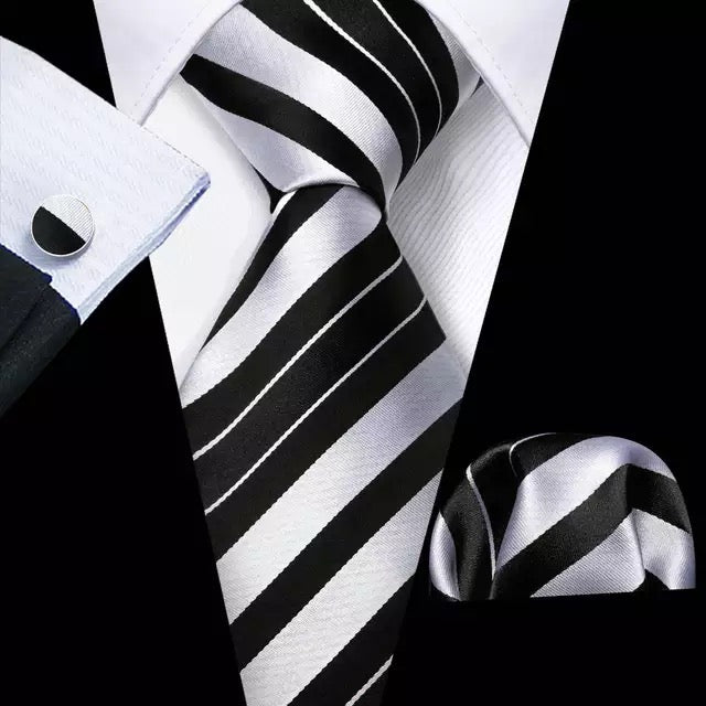 Men’s Silk Coordinated Tie Set - Black White Striped (5218)