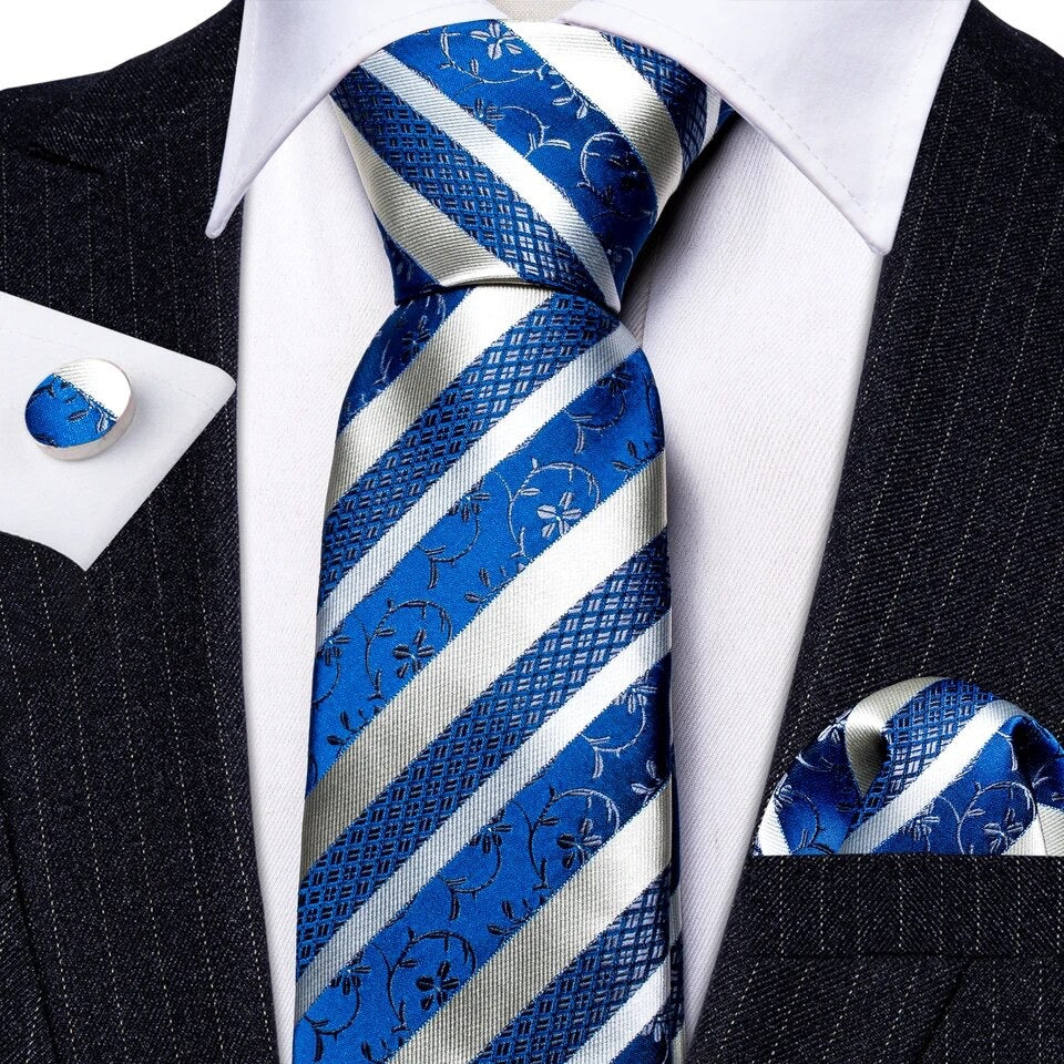 Men’s Silk Coordinated Tie Set - Silver Blue Striped Paisley (6066)