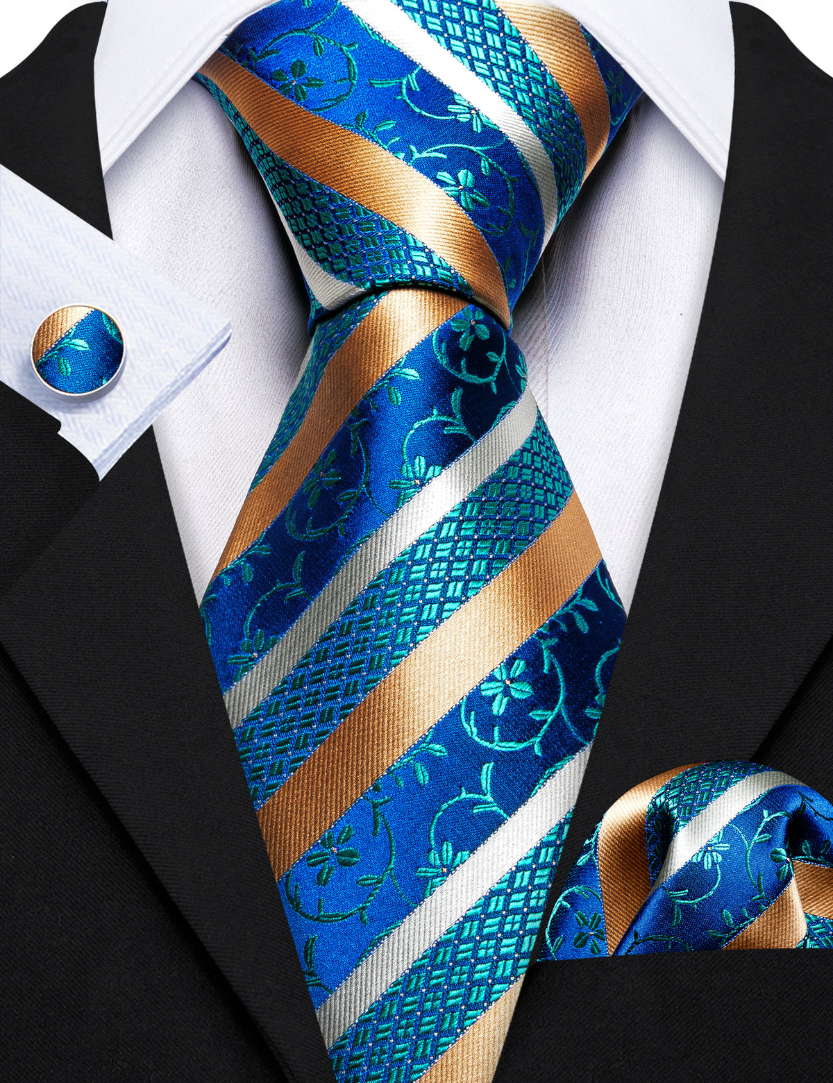 Men’s Silk Coordinated Tie Set - Blue Gold Striped Paisley (6052)