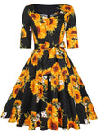 Sweetheart Neckline Rockability Sunflower Black Dress, Sizes Small - 2XLarge (US Sized 4 - 22)