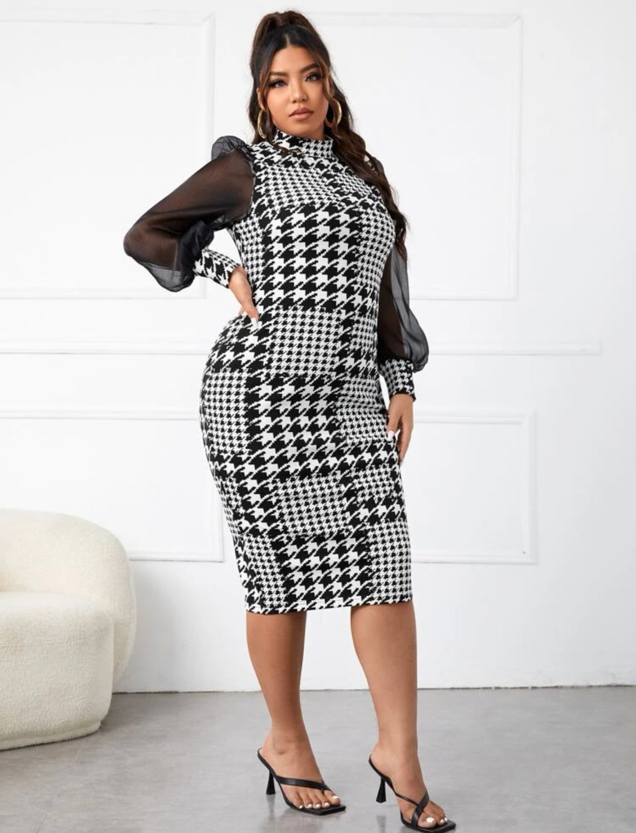 Houndstooth Print Mesh Sleeve Ladies Dress, Sizes Small - 4XLarge (US Sizes 4 - 20)