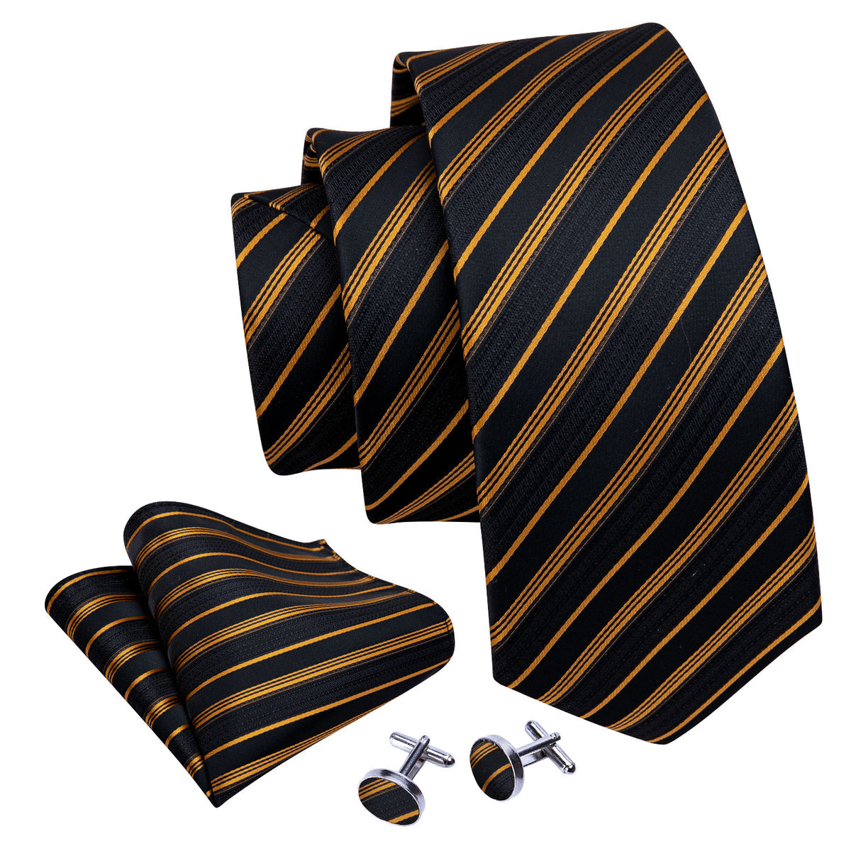 Men’s Silk Coordinated Tie Set - Gold Black Stripe (6020)