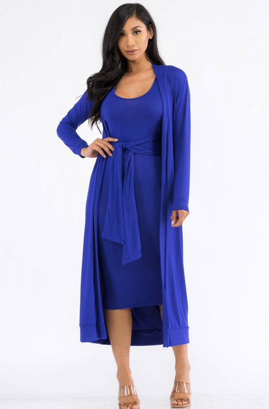 Two-Piece Dress and Cardigan Set, Sizes Small - 1XLarge (Navy Blue)