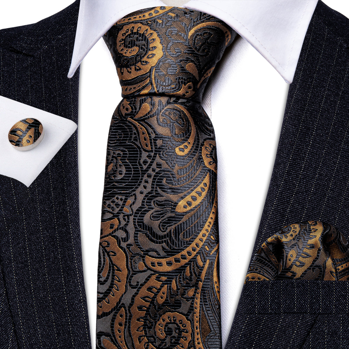 Men’s Silk Coordinated Tie Set - Black Gold Paisley (6055)