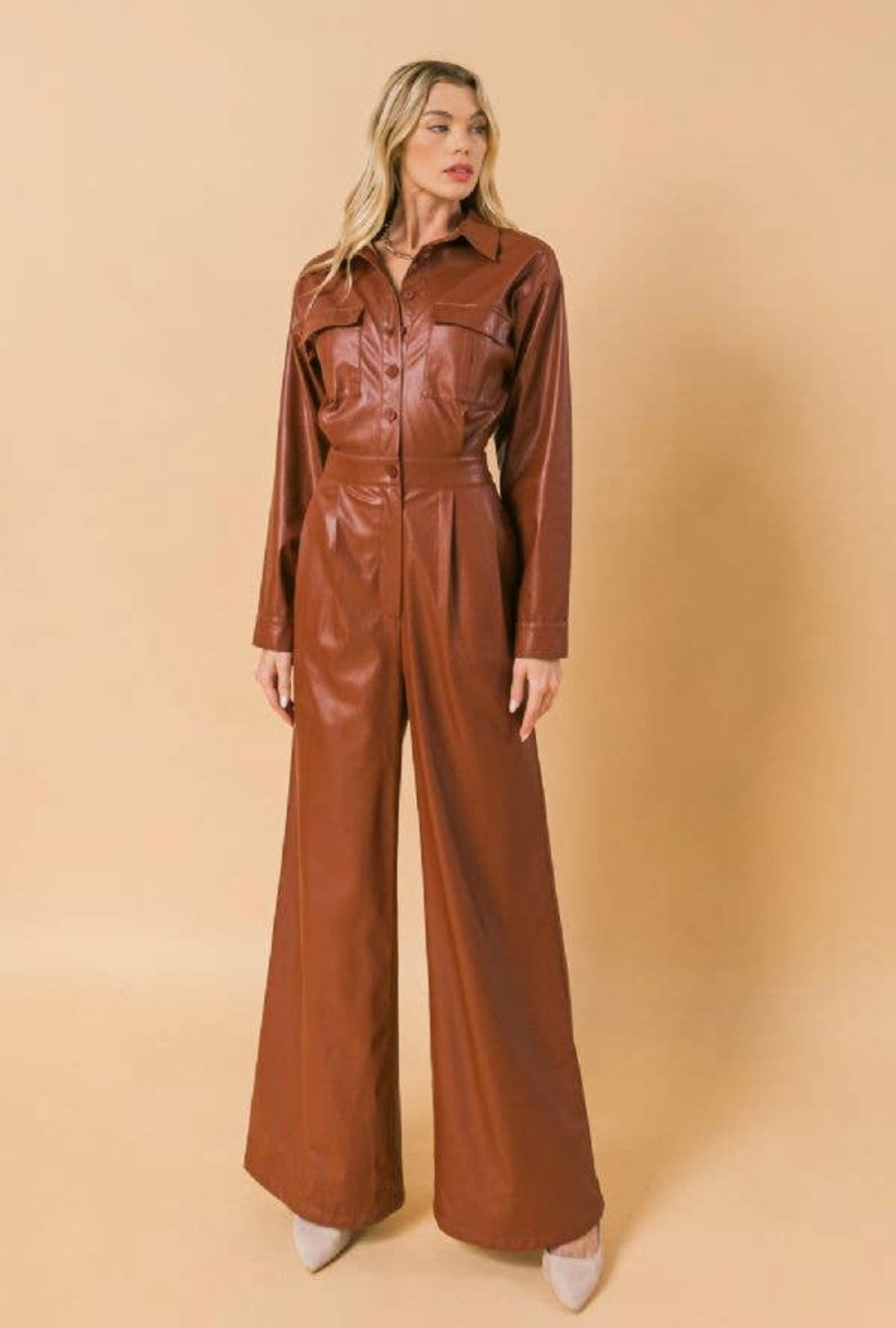 Brown Faux Leather Jumpsuit, Sizes Small - Large