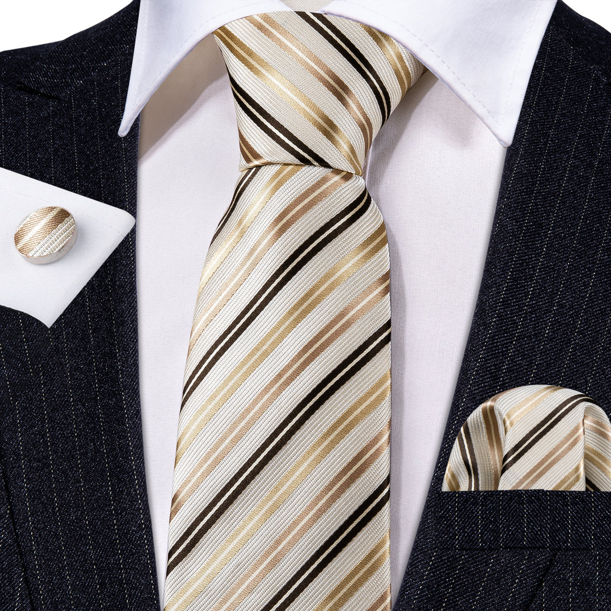 Men’s Silk Coordinated Tie Set - Brown Gold Beige Striped (5434)
