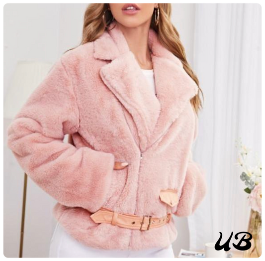 FLUFFY LAPEL COLLAR LONG SLEEVE BELTED COAT, Sizes XSmall - Large