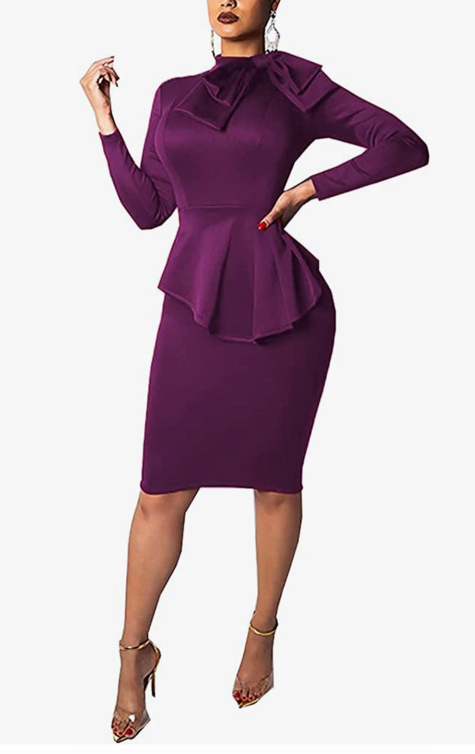 Peplum Short Sleeve Bow Knot Dress, US Sizes 4 - 20 (Small - 2XLarge) Rose or Purple