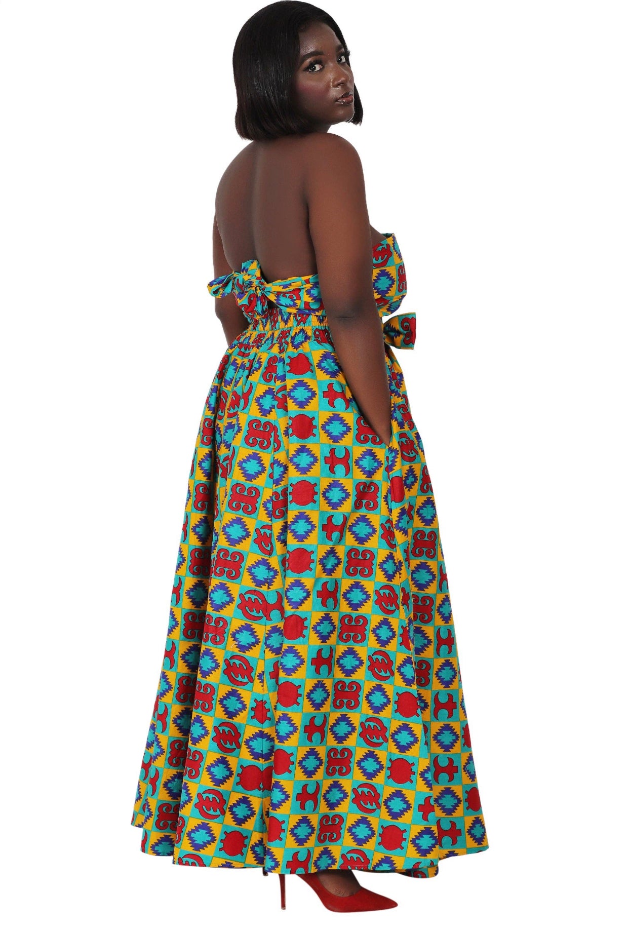 Hand Mad African Print Full Skirt with Coordinating Head Wrap and Facemask (Red, Blue, Yellow Patterns)