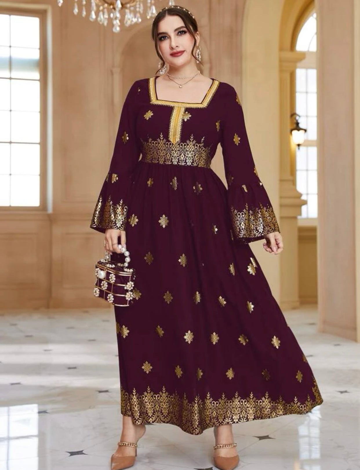 Elegant Arabic/Indian Golden Floral Trumpet Sleeve Dress, US Sizes 12 - 22