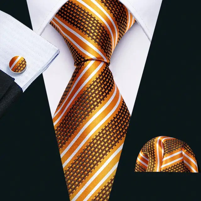 Men’s Silk Coordinated Tie Set - Orange Black Striped (5312)