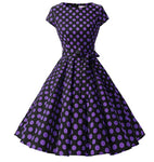 Rockability Cap-Sleeve Dress, Black with Purple Polka Dots, Sizes XS - 3XL