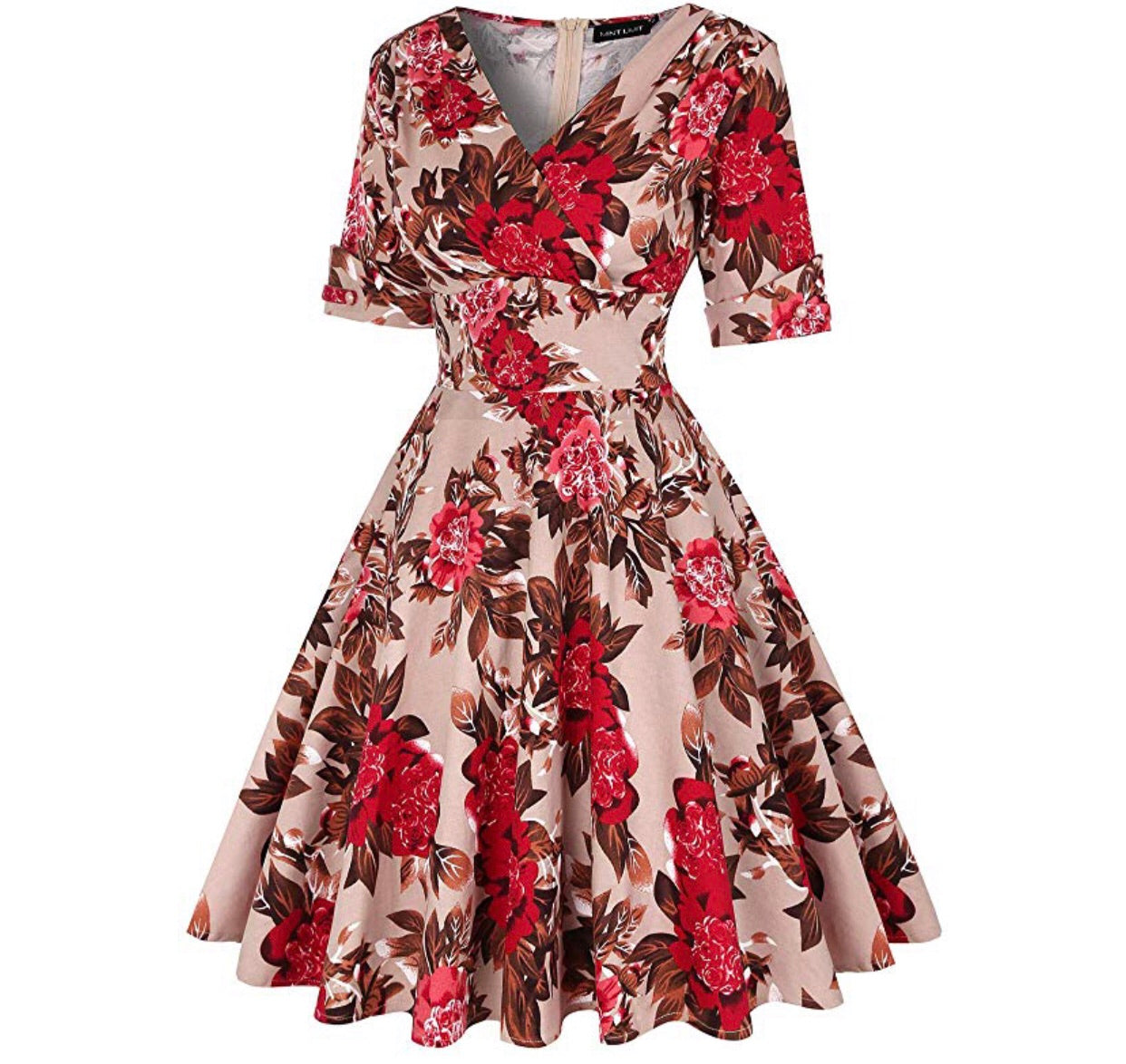 V-Neck Retro Look Swing Dress, Sizes Small - 2XLarge (US Sizes 4 - 22) Floral Red
