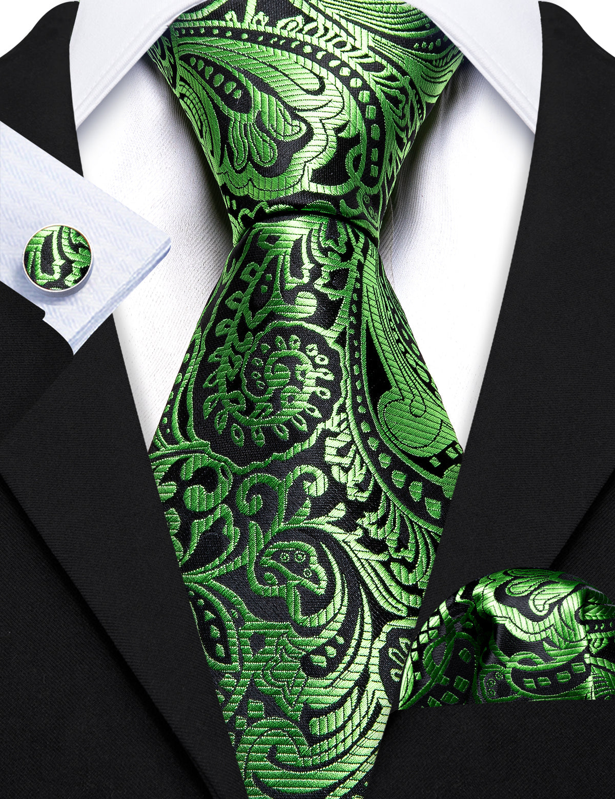 Men’s Silk Coordinated Tie Set - Green Black Paisley (6075)