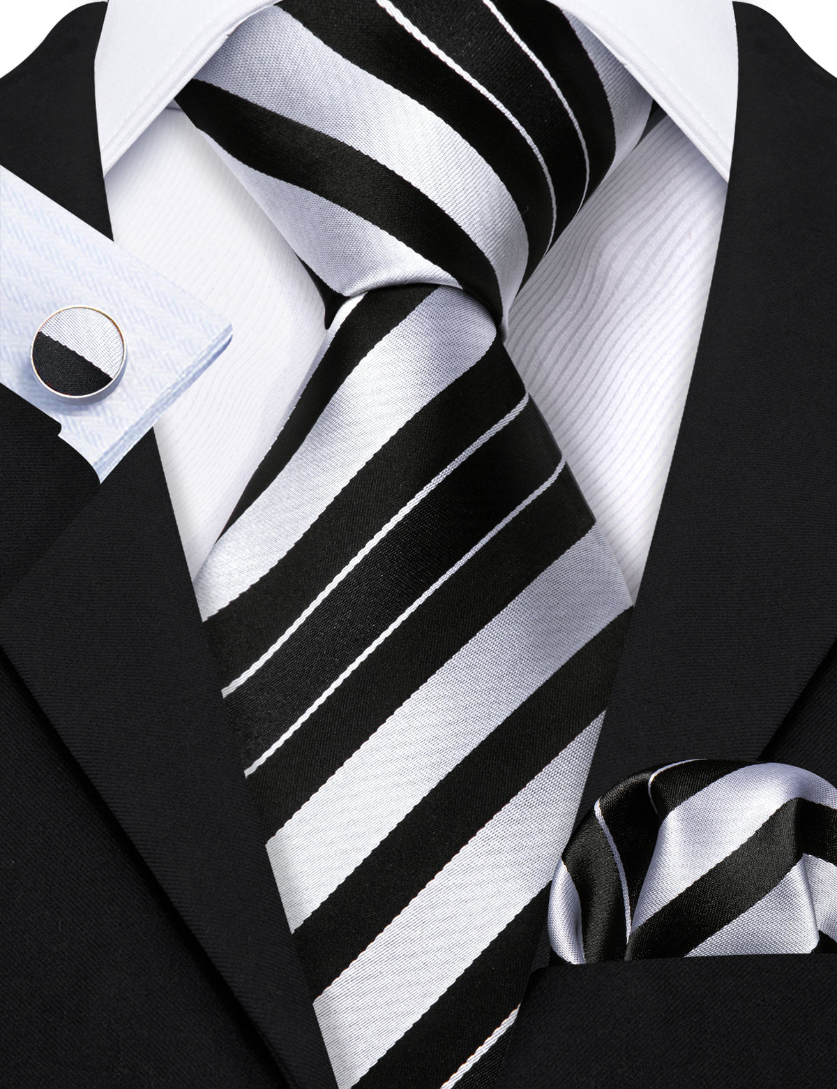 Men’s Silk Coordinated Tie Set - Black White Striped (5218)