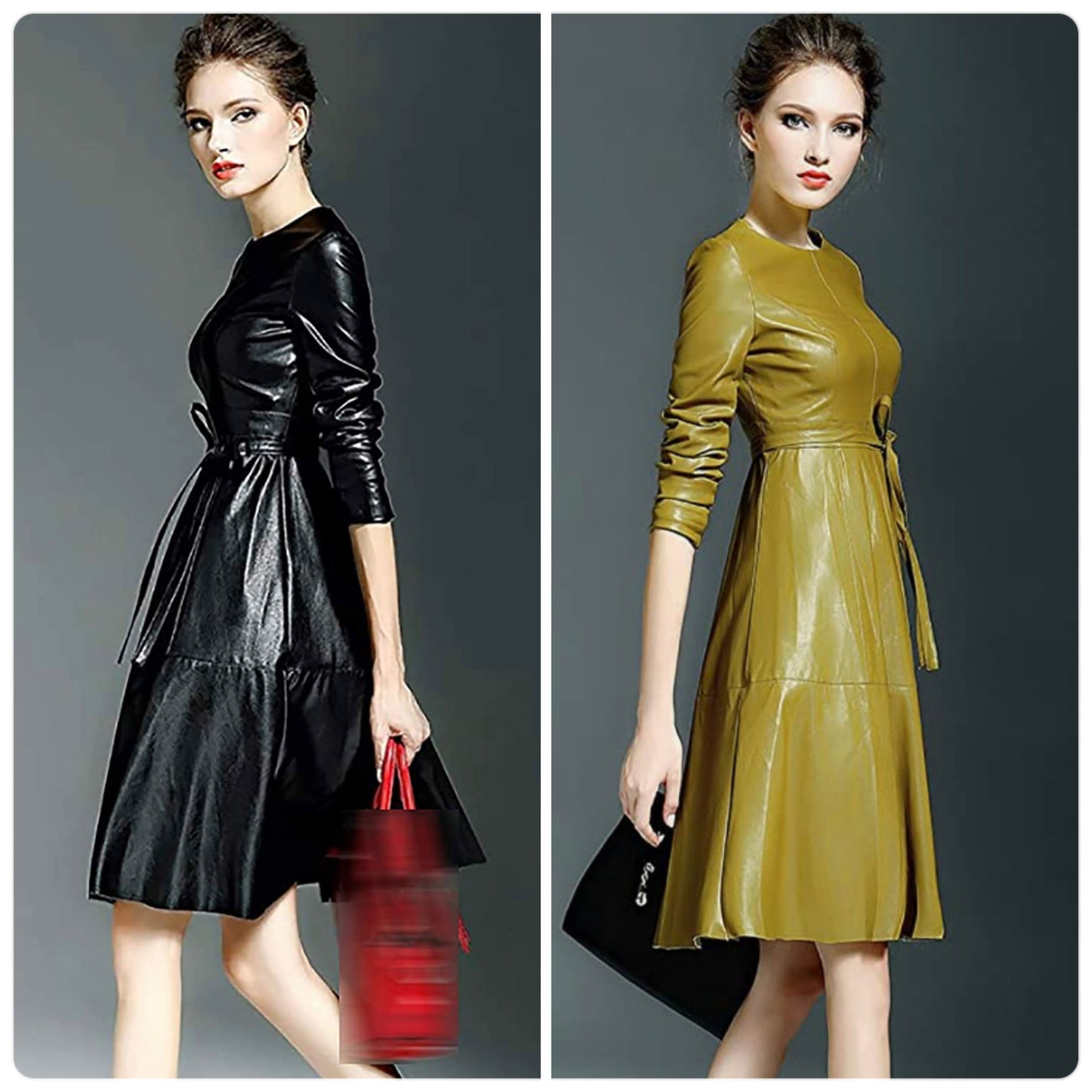 Faux Leather Midi Dress with Belt, US Sizes 2 - 12, Mustard and Black Available