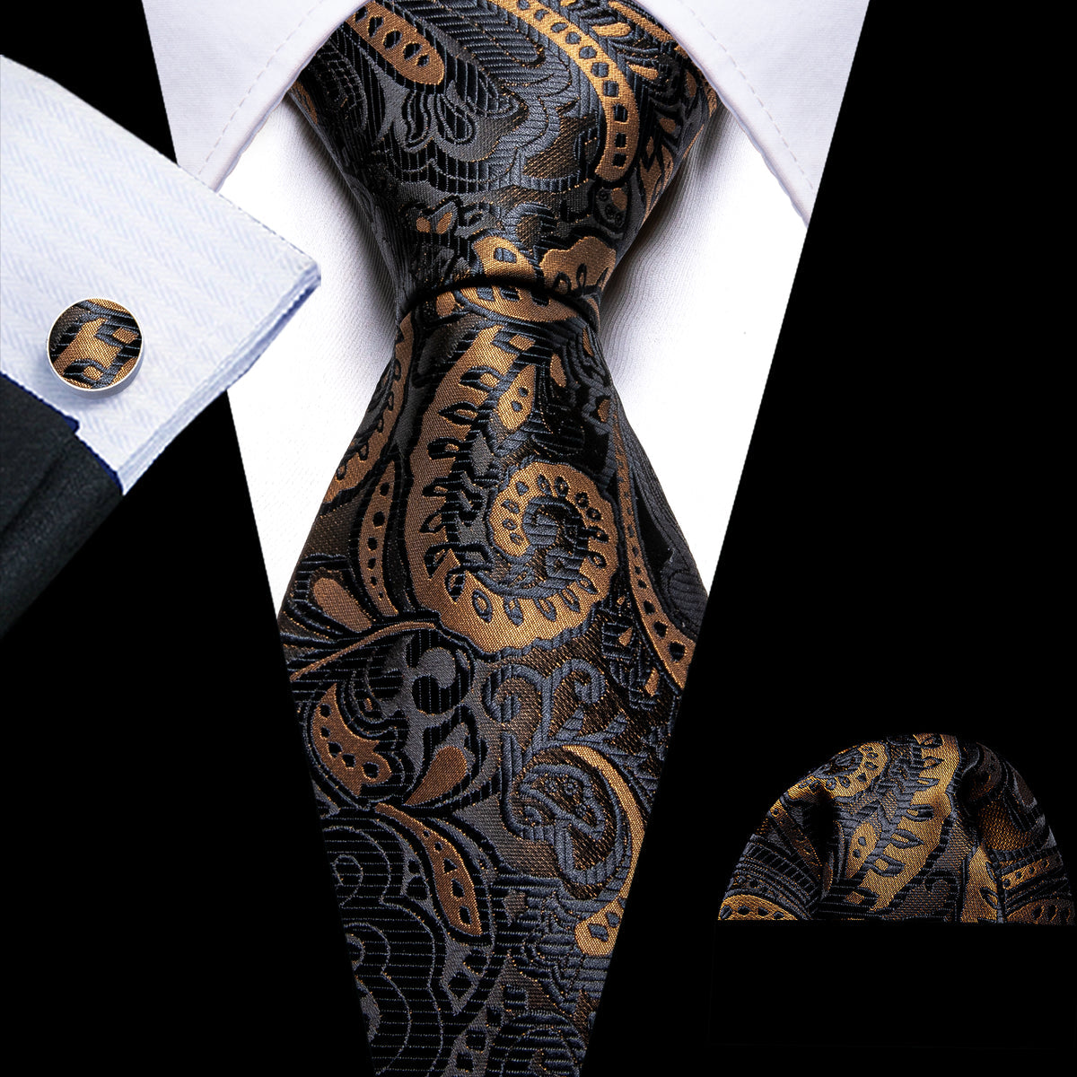 Men’s Silk Coordinated Tie Set - Black Gold Paisley (6055)