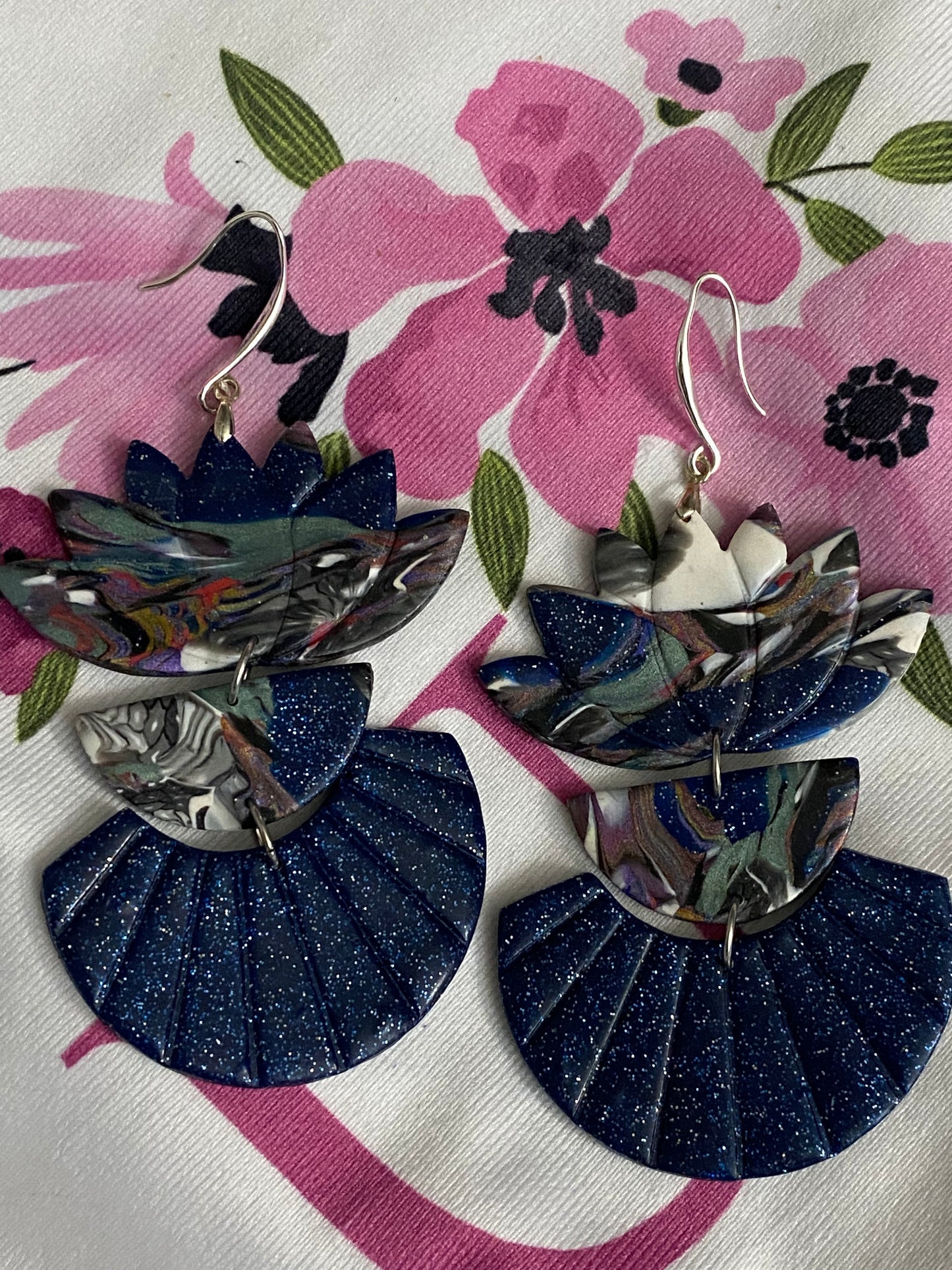 Hand Made Lotus Blue Dangle Earrings