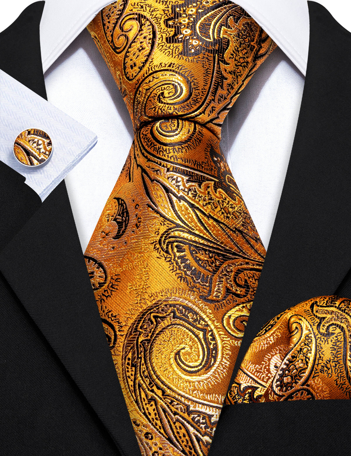 Men’s Silk Coordinated Tie Set - Golden Orange Black Paisley (5965)