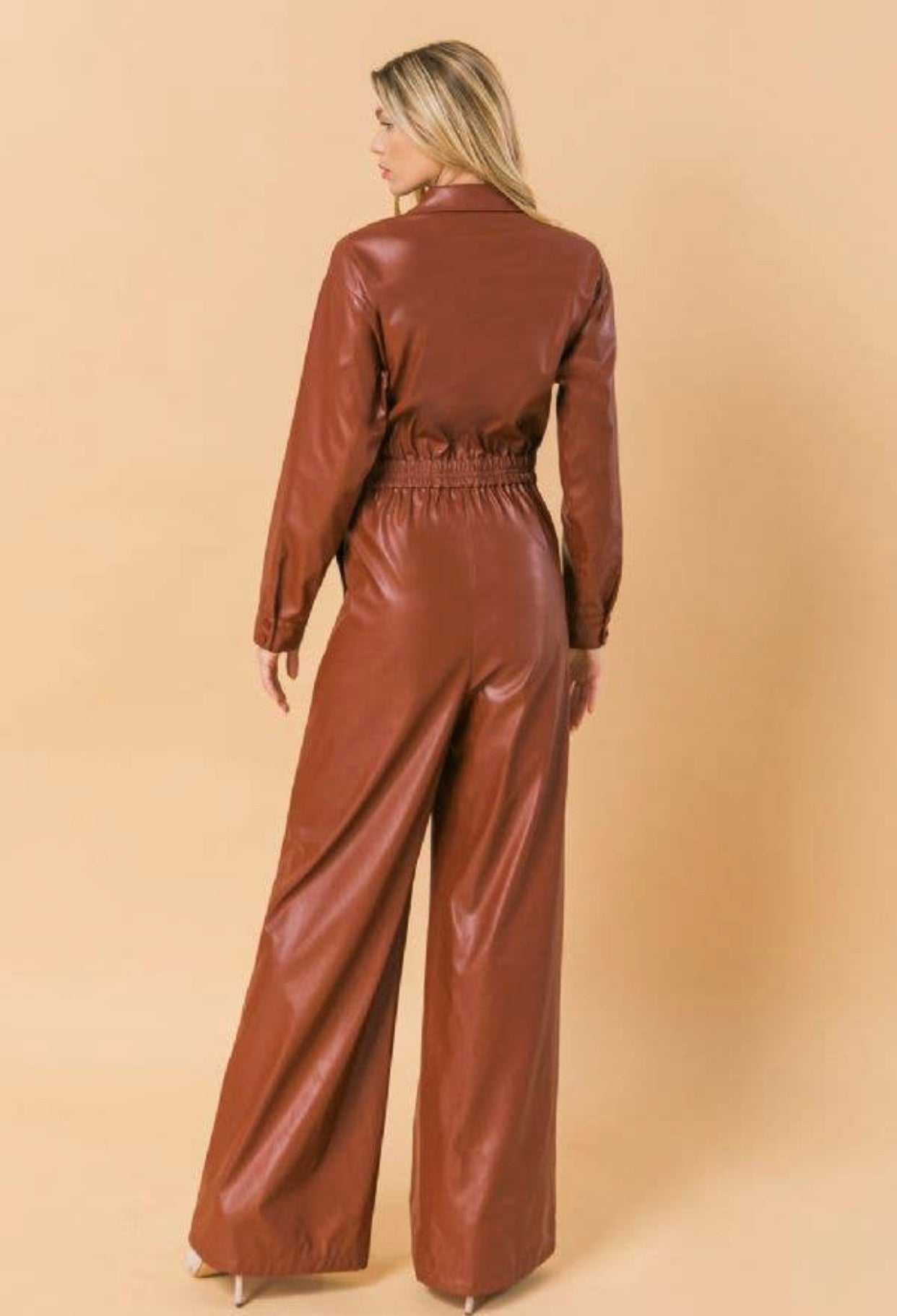 Brown Faux Leather Jumpsuit, Sizes Small - Large