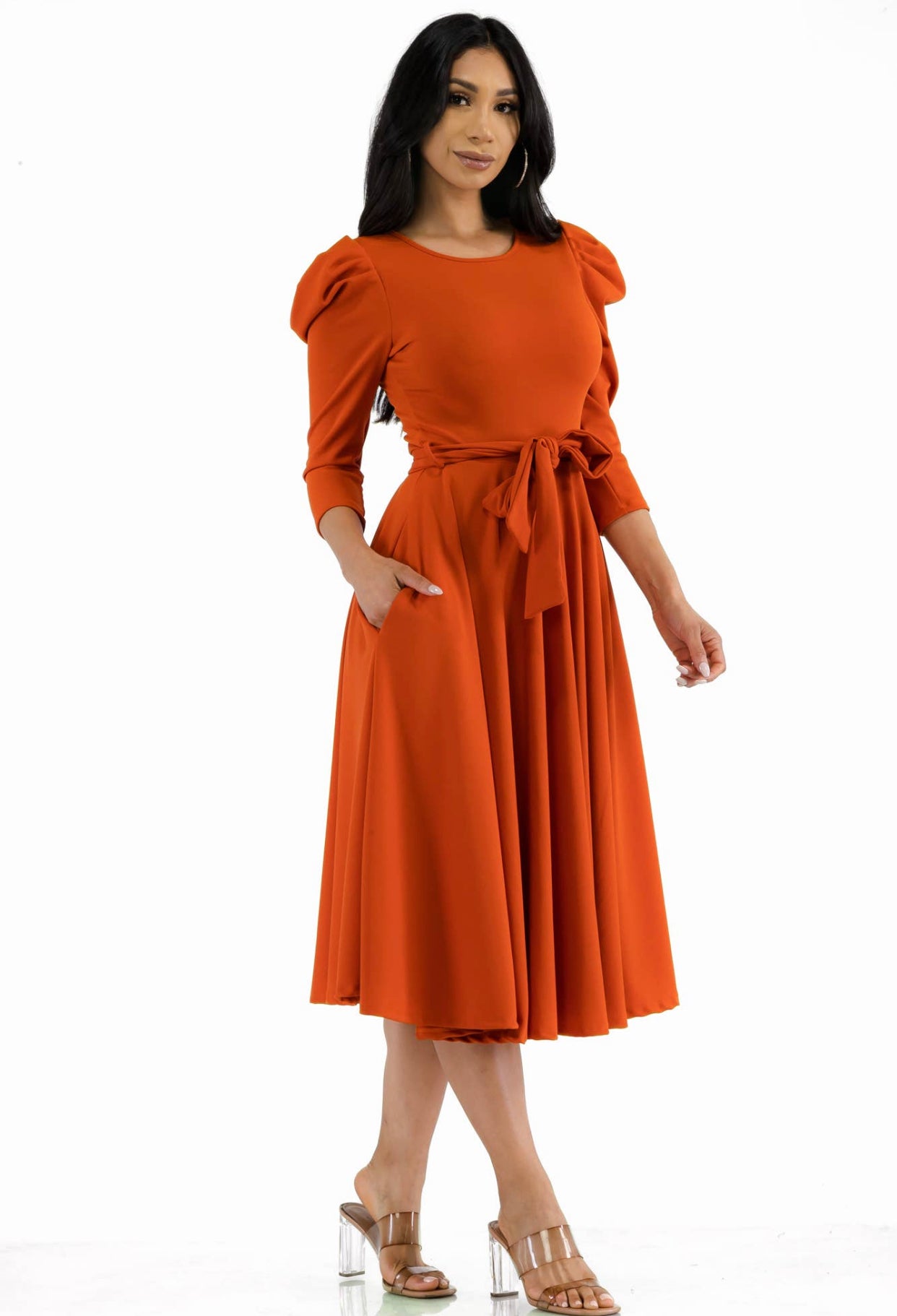 Puff Sleeve Cocktail Dress, Sizes 1X - 3X (Rust Color)