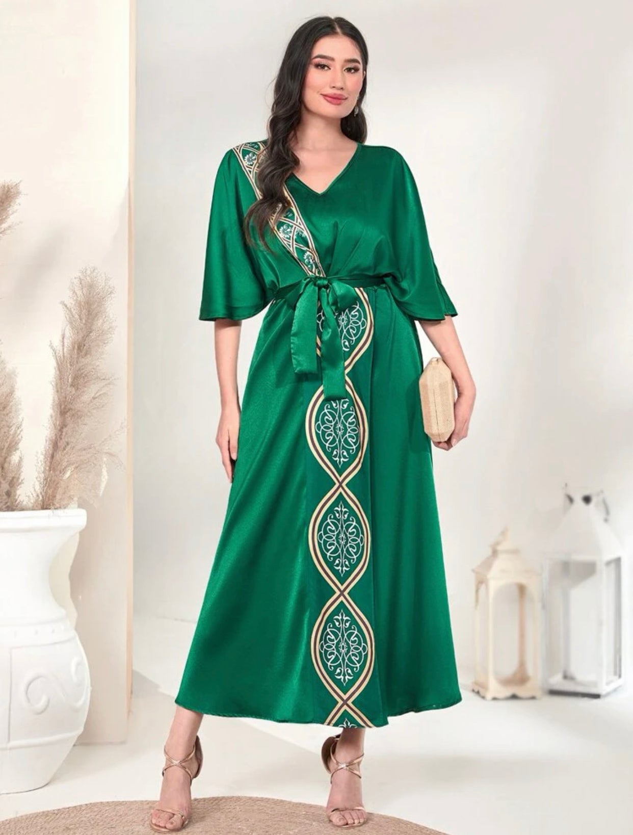 Elegant Green Batwing Kaftan Dress (US Size 4 - 12)