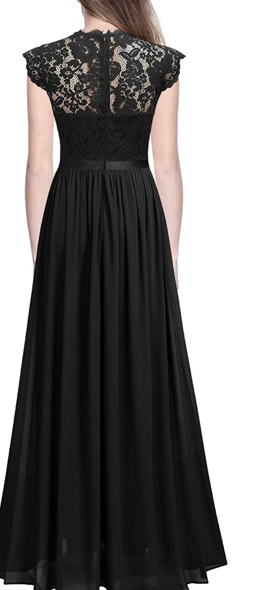 Formal Floral Lace Long Length Dress, Sizes Small - 2XLarge (Black Dress)