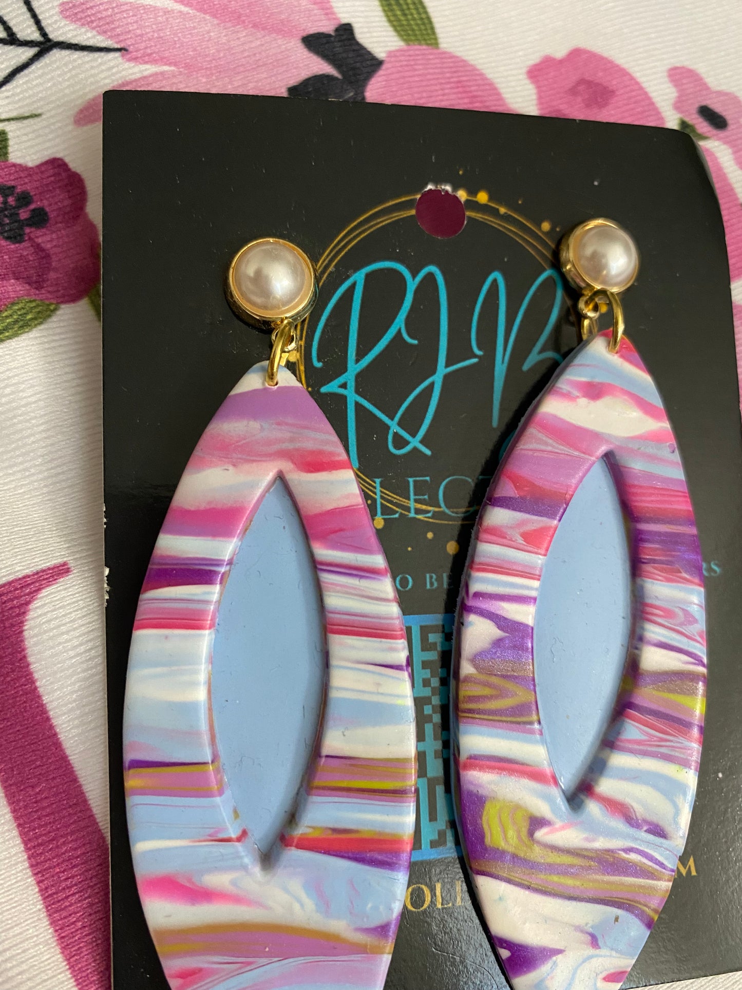 Handmade Pearl Top Pink and Violet Swirl Pierced Earrings