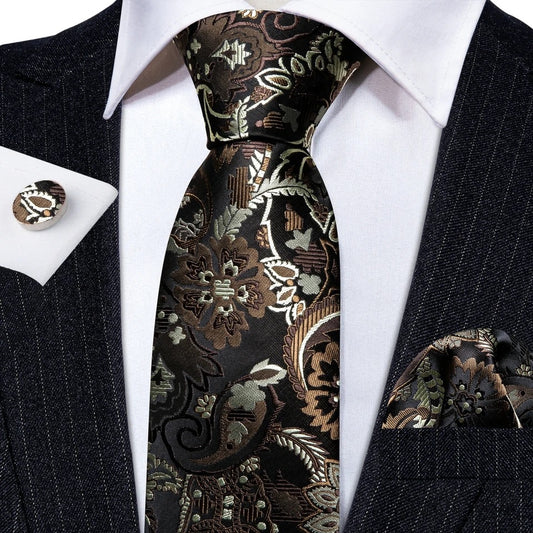 Men’s Silk Coordinated Tie Set - Brown Silver Paisley (6199)