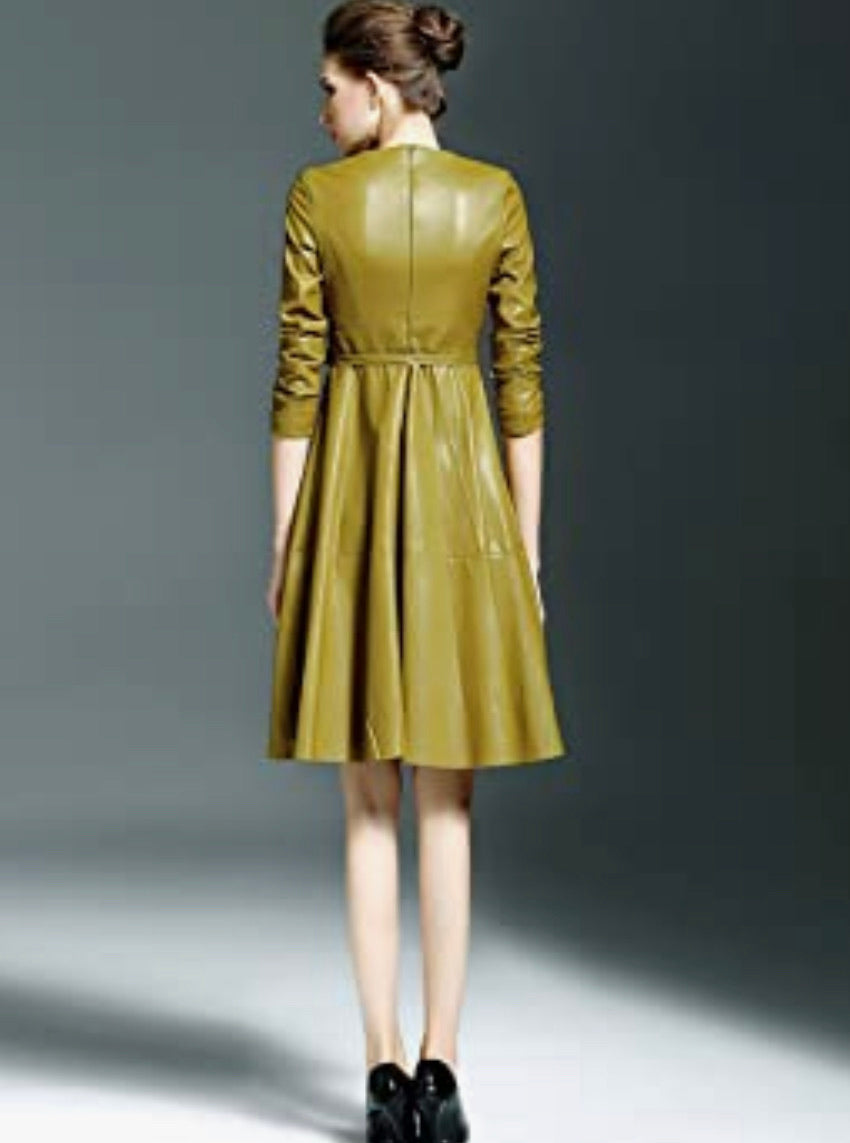 Faux Leather Midi Dress with Belt, US Sizes 2 - 12, Mustard and Black Available