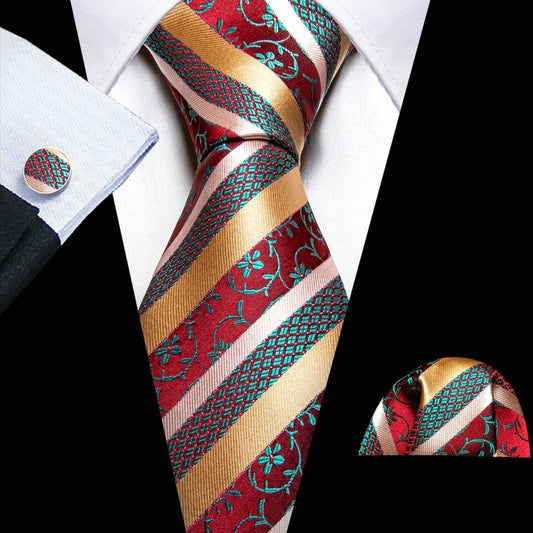 Men’s Silk Coordinated Tie Set - Pink Burgundy Striped Paisley (5985)