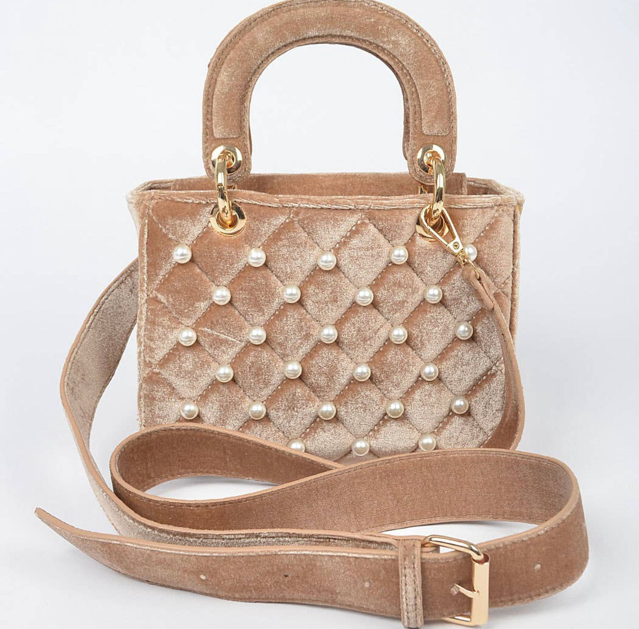 Quilted Velvet Crossbody Bag with Pearl