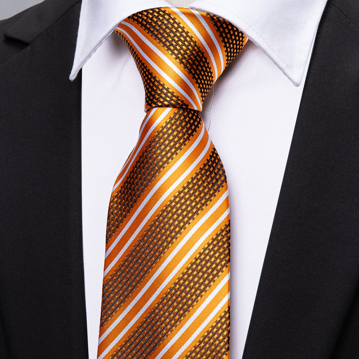 Men’s Silk Coordinated Tie Set - Orange Black Striped (5312)