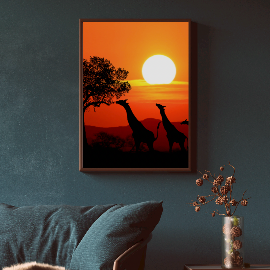 Beautiful 18” x 24” African Print Safari with Sunset in the background Framed Art