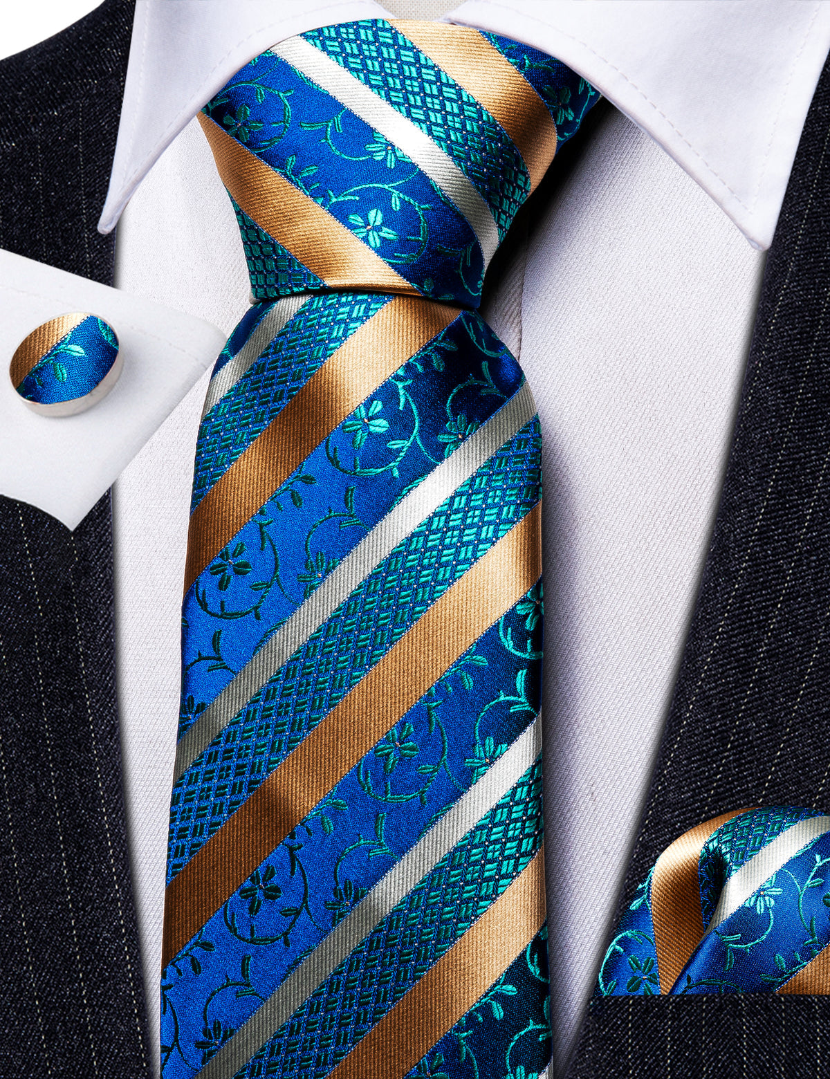 Men’s Silk Coordinated Tie Set - Blue Gold Striped Paisley (6052)
