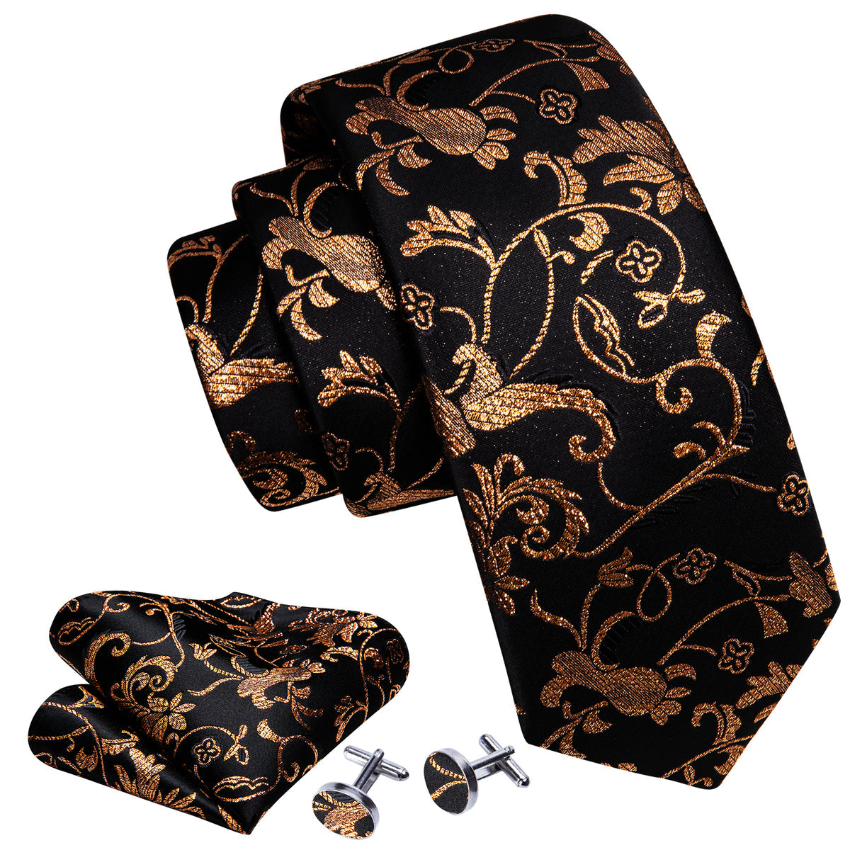 Men’s Silk Coordinated Tie Set - Black Gold Decorative (5823)