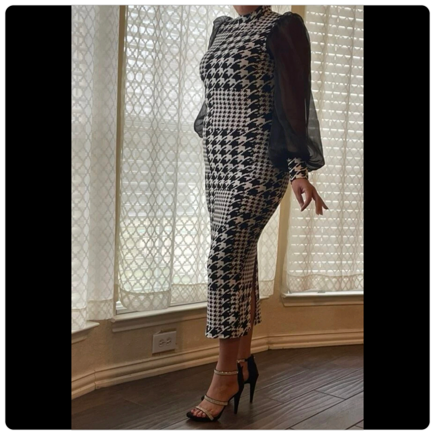 Houndstooth Print Mesh Sleeve Ladies Dress, Sizes Small - 4XLarge (US Sizes 4 - 20)