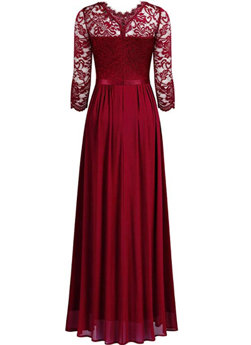 Long Red Lace Patterned Dress, Sizes Small - 2XLarge (US Sizes 4 - 18)