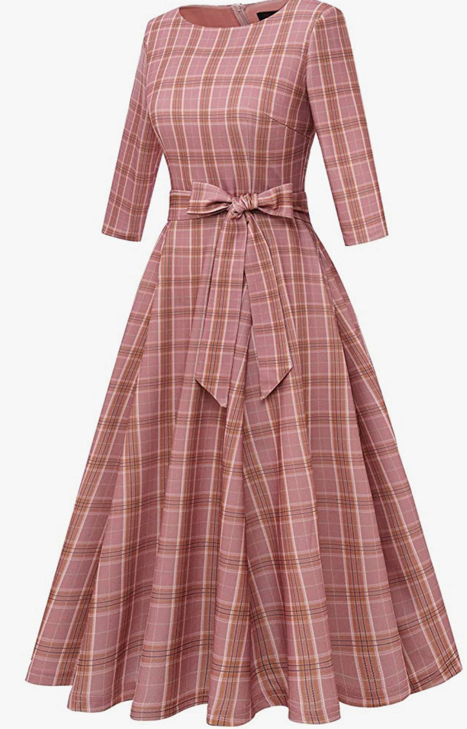 Pink Plaid Print Vintage Inspired Scoop Neck Dress, Sizes XSmall - 3XLarge