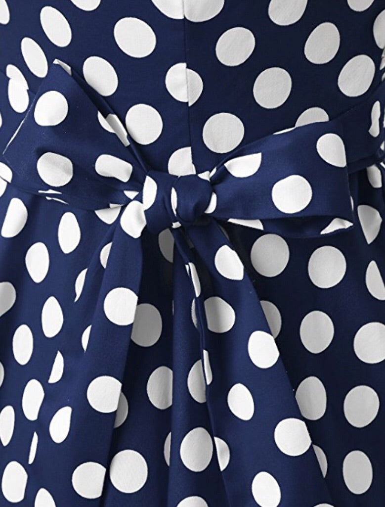 1950s Inspired Retro Inspired Dress, Navy Blue with Large White Polka Dots, Sizes XS - 3XL