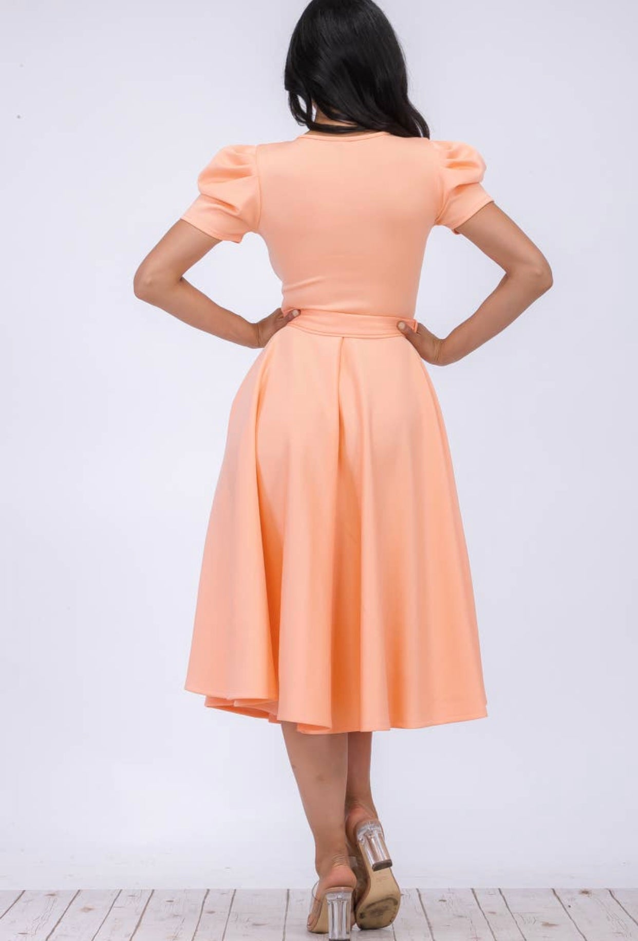 Puff Sleeve Cocktail Dress, Sizes 1X - 3X (Peach)