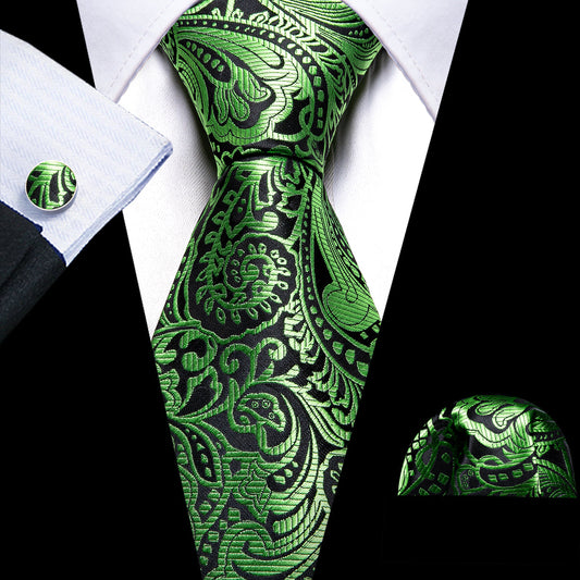 Men’s Silk Coordinated Tie Set - Green Black Paisley (6075)